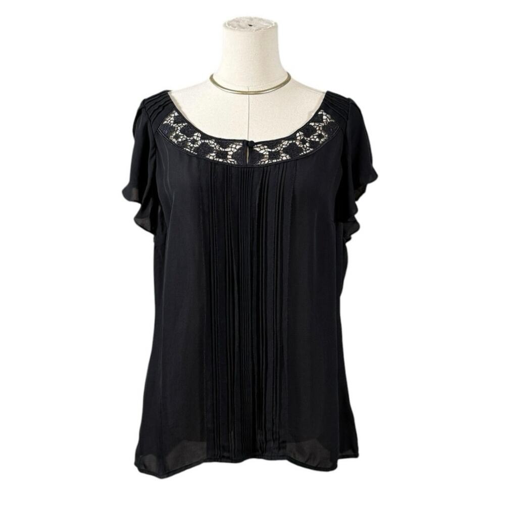White House Black Market 100% Silk Black Lace Pintuck Blouse Top Large